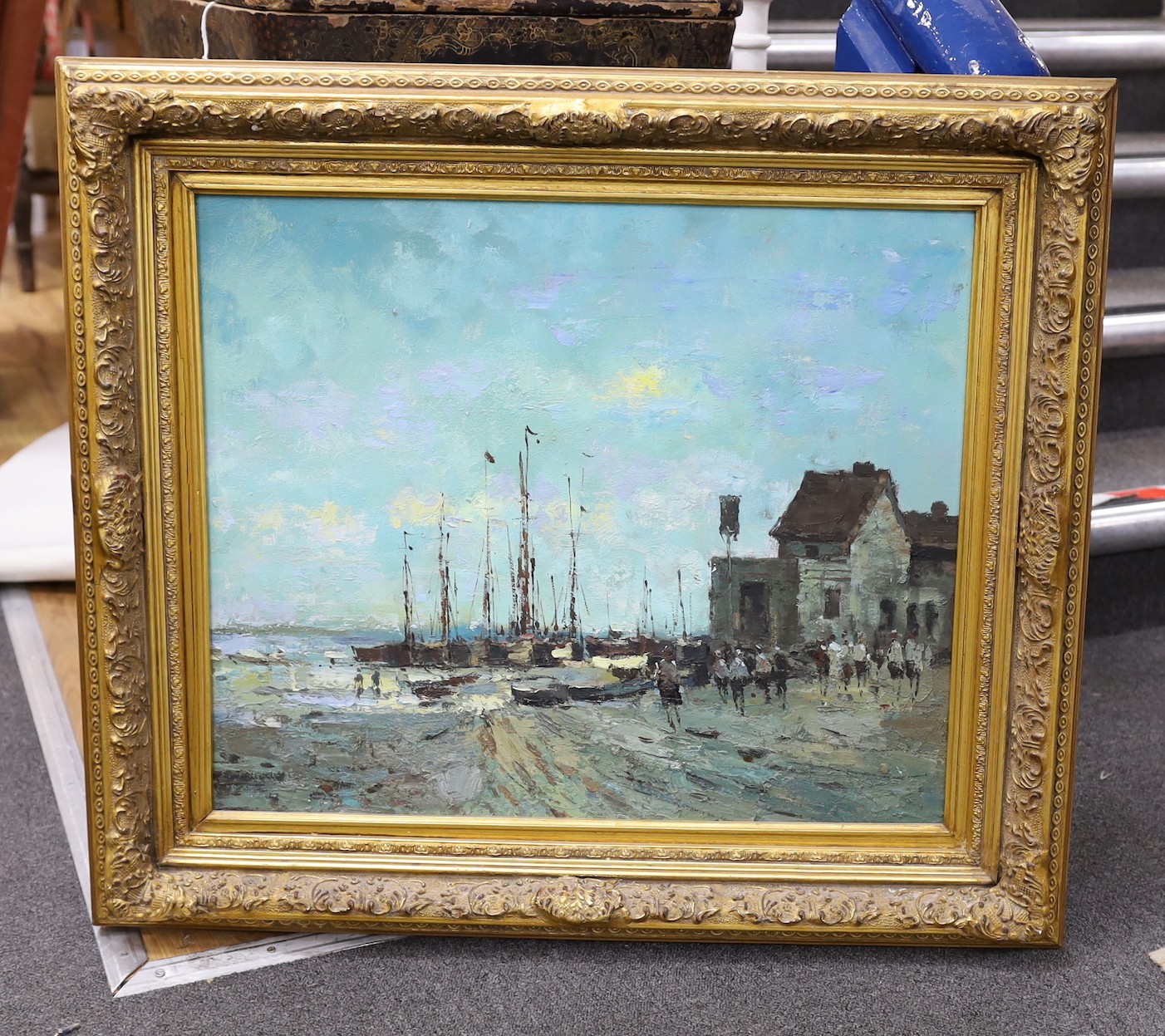 After Edward Seago, oil on canvas, Yachts at low tide, 50 x 60cm